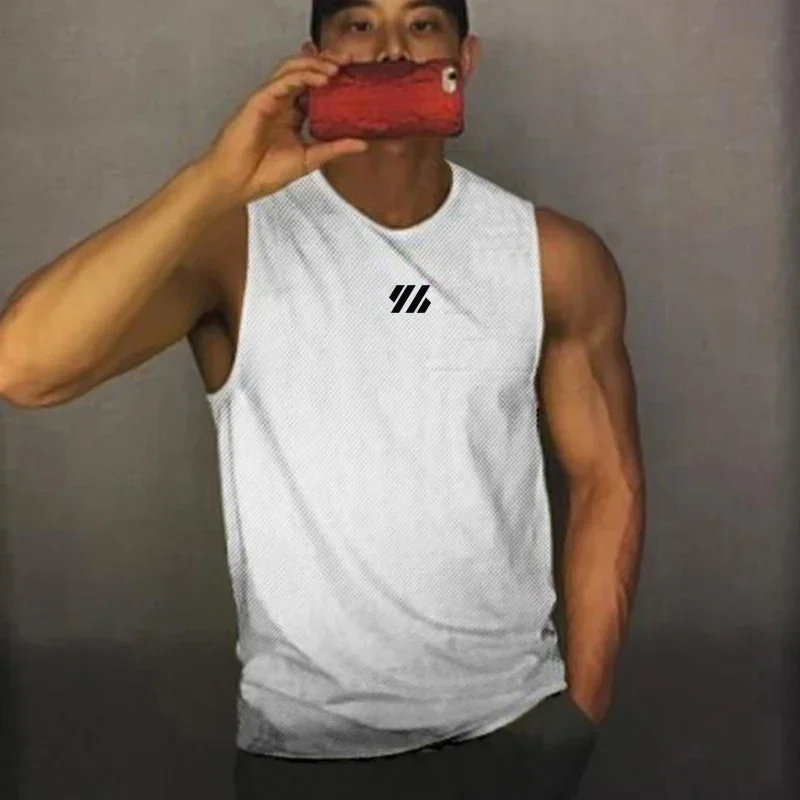 Summer Casual Mens Bodybuilding Clothing Sleeveless Mesh T-shirts Polyester Breathable Quick-Drying Gym Fitness Exercise Vests