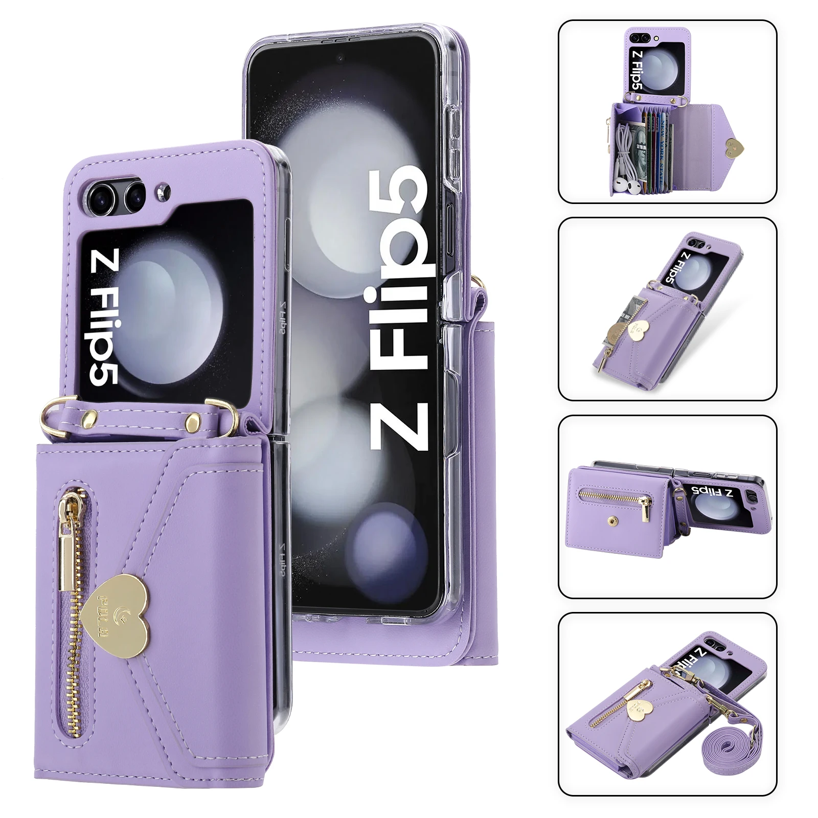 Galaxy Z Flip 5 Crossbody Wallet Phone Case for Samsung Flip6 Flip5 5G Love Card Slot Holder Purse Lanyard Strap Leather