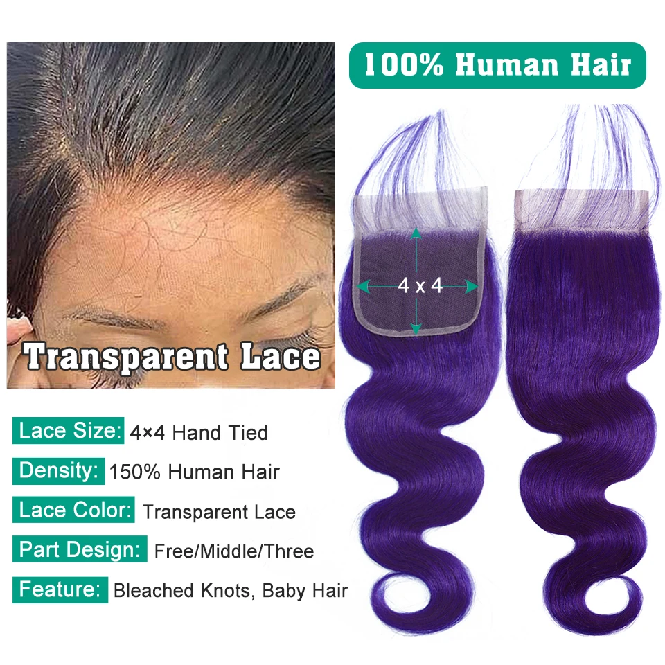 Sexay-Bundles de cheveux humains violets avec fermeture, cheveux de bébé, vague de corps indienne, 28 faisceaux de cheveux longs avec fermetures à lacet 4x4