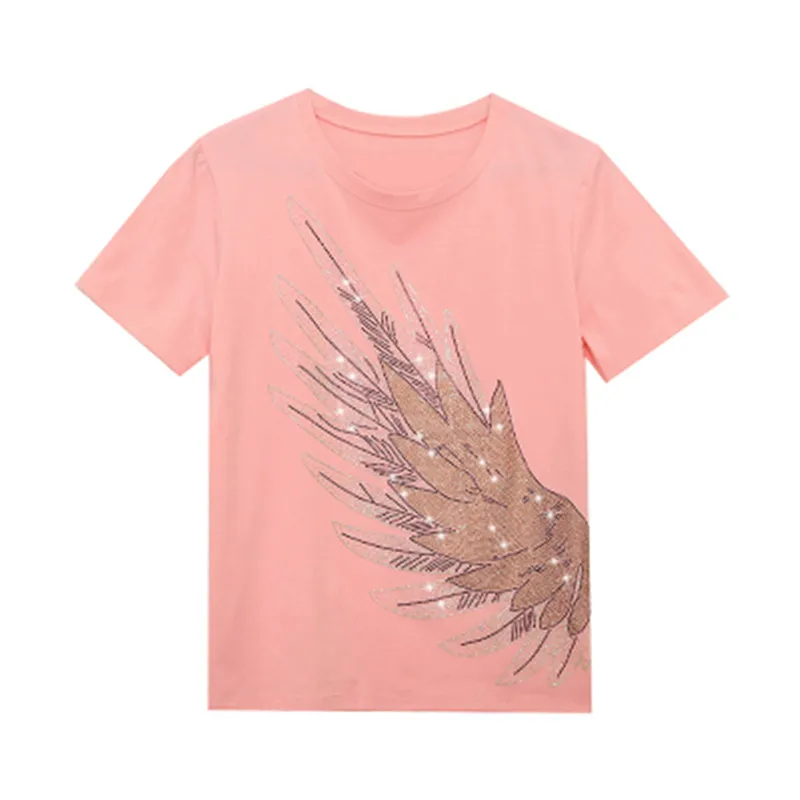 Design Cartoon Wing Diamonds Tees T-Shirt Dla Kobiet Luksusowa Elegancka O-Collar Letnia Szykowna Prosta Bluzka Top