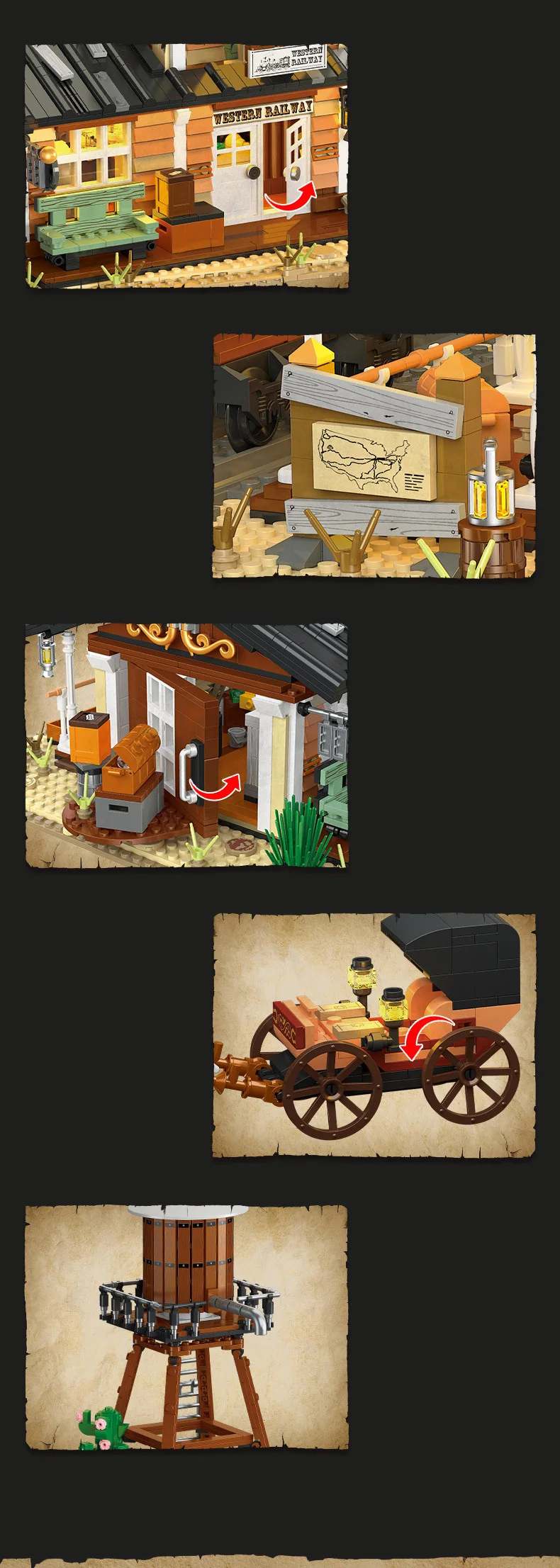 Kreatives Architektur-Modell „Amerikanische Western-Eisenbahn“ aus Bausteinen, Lernspielzeug mit Beleuchtung – Detail 7