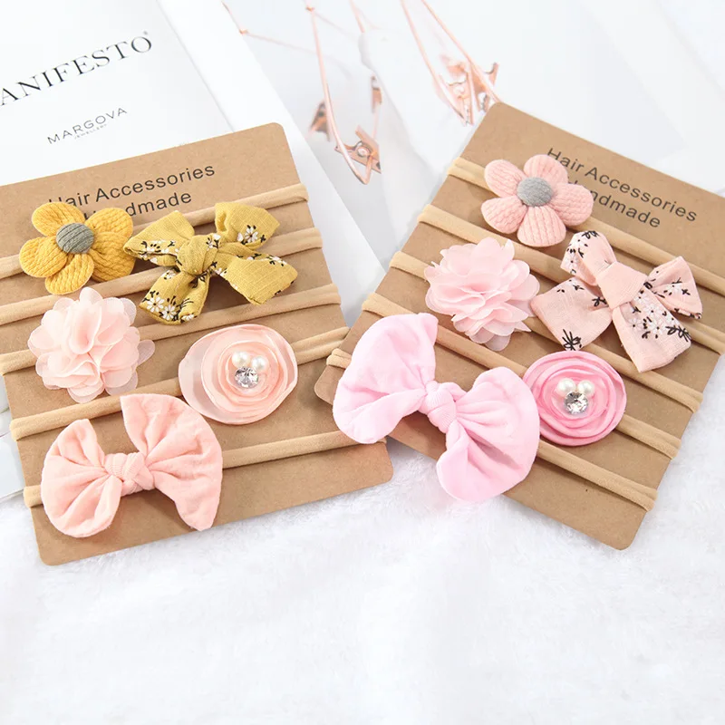 Baby Girl Headbands Newborn Flower Hair Bows Kids Toddler Headband Nylon Elastic Hair Band Children Hair Accessories 5pcs/lot