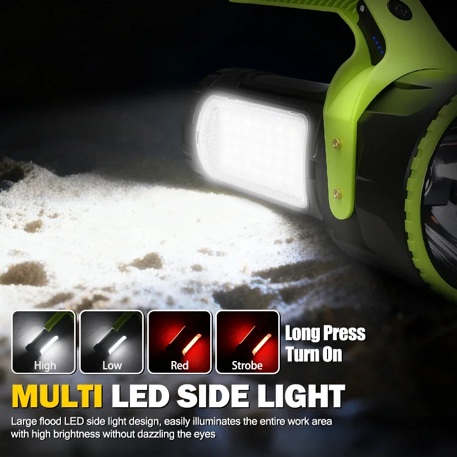 مصباح يدوي XHP50 LED ساطع 1000 متر، ضوء بحث زوومابلي XPE مع شحن من النوع C، قضيب تليسكوبي مقاوم للماء IPX6 وعرض الطاقة