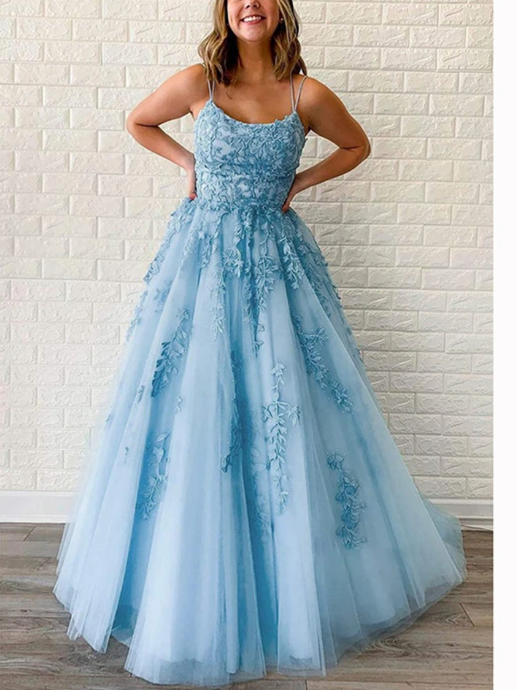 Customized Euramerican Fashion Elegant Sling Prom Party Dresses Exquisite Flower Appliques Slim A-line Evening Gown Cascading Me