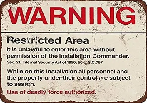 Retro Vintage Tin Metal Sign Warning Restricted Military Area 51 Wall Decor