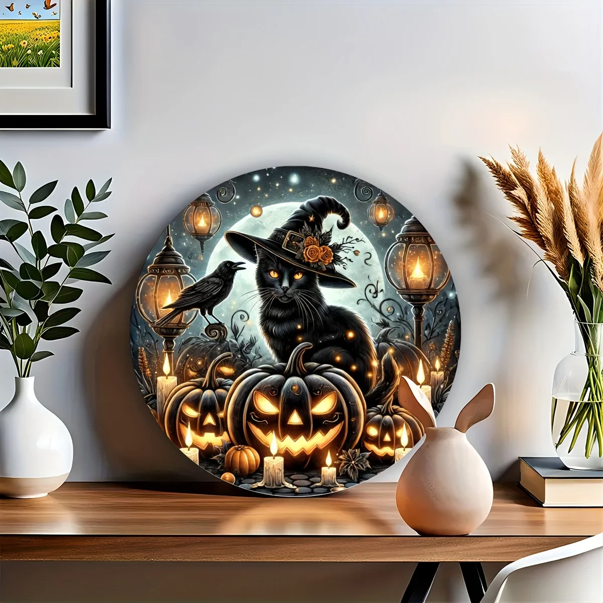 Spooky Halloween Wall Art: Black Cat with Witch Hat and Jack-o'-Lanterns, 8x8 Inch Vintage Metal Sign, 2D Printed, Waterproof