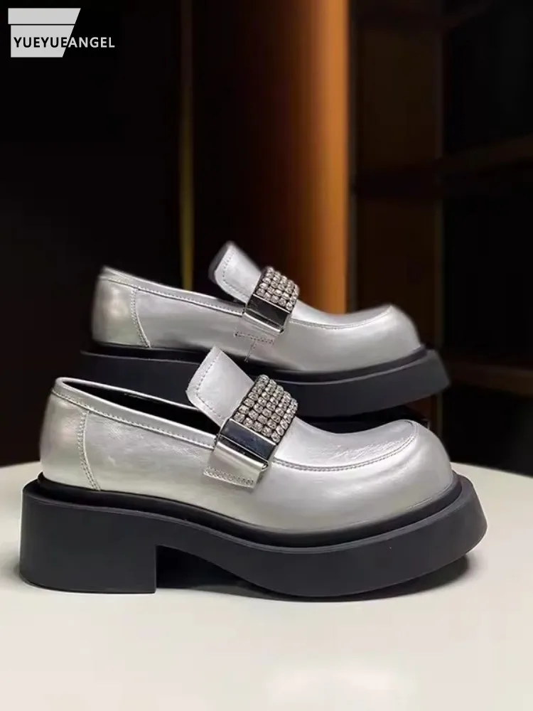 

Fashion Diamonds British Style Slip-On Thick Bottom Women Loafers Casual Round Toe Ladies Spring Platform Patent Leather Pumps