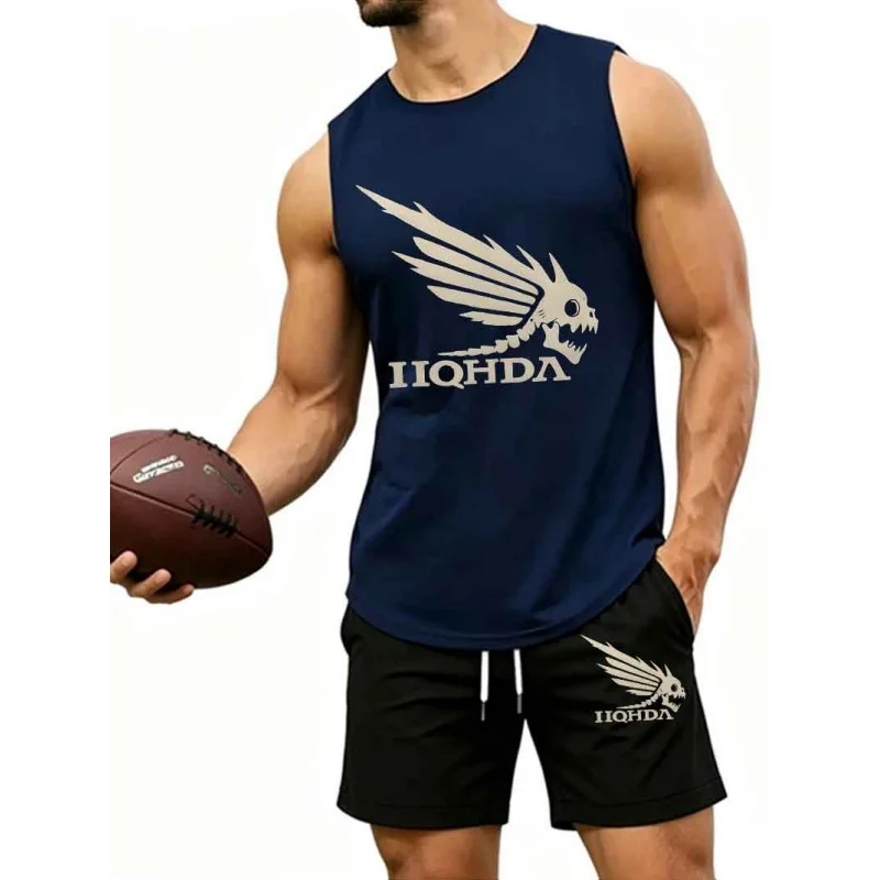 

Men's Stylish Winged Skull & Abstract Letter Print 2-Piece Sleeveless Tank Top & Shorts Set