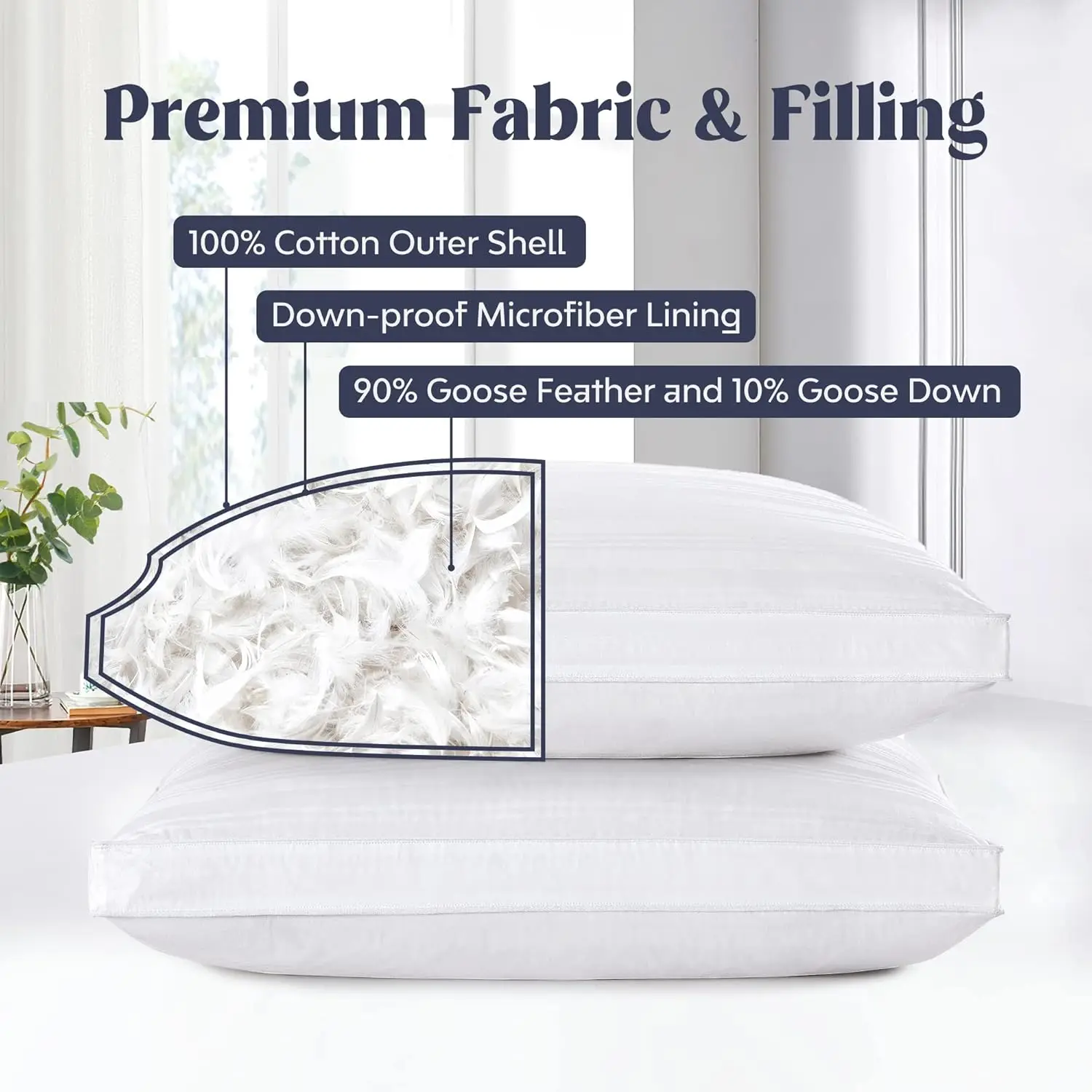 Almohada de plumas de ganso y plumón, almohada de cama para dormir, colección de Hotel con fuelle, 2 protectores exteriores