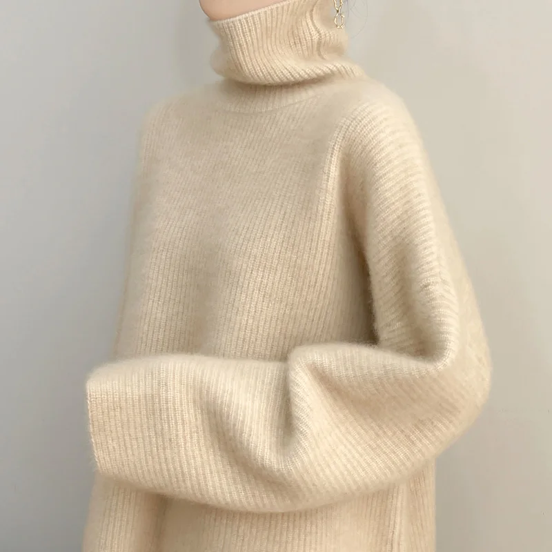 Autumn Winter Women Sweater Pullover High Collar Flare Sleeve 100% Merino Wool Soft Comfortable Knitted Casual Chic Tops