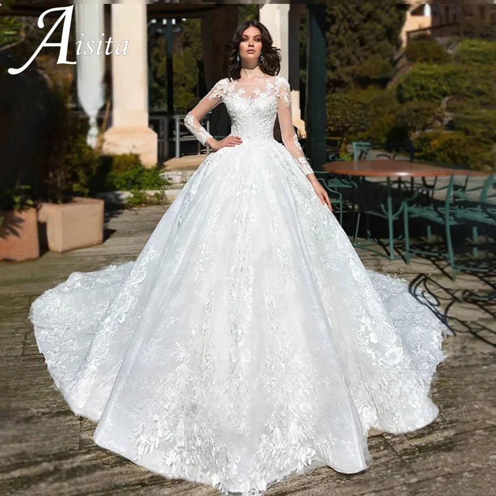 Abiti da sposa O-Collo personalizzati 2025 Maniche lunghe A-Line Abito da sposa Applicazioni di pizzo di cristallo Scoop Abito da sposa Vestido De Novia