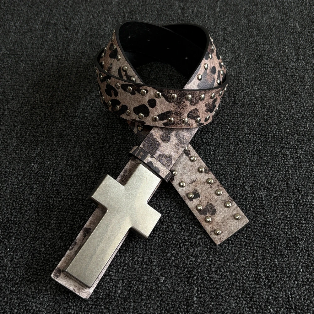 New Rivet Leopard Print Cross Belt Goth Punk Subculture Y2K Personality Men Belt Jeans Party Performance Trendy Cool Accessories
