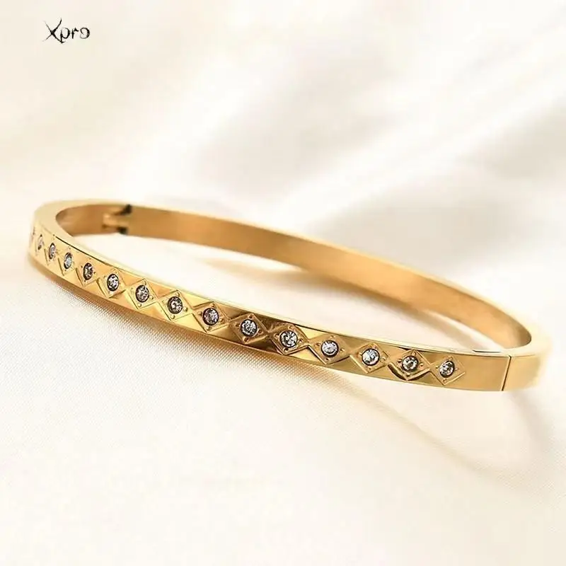 Xpro Waterproof Luxury Colorful Cubic Zirconia Bangles Stainless Steel Open Bracelet Bangle 18k Plated Fashion Jewelry Women