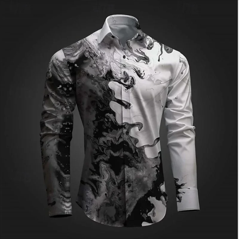 Camicia casual da uomo con illusione ottica stampa 3D party street vacation primavera ed estate risvolto manica lunga