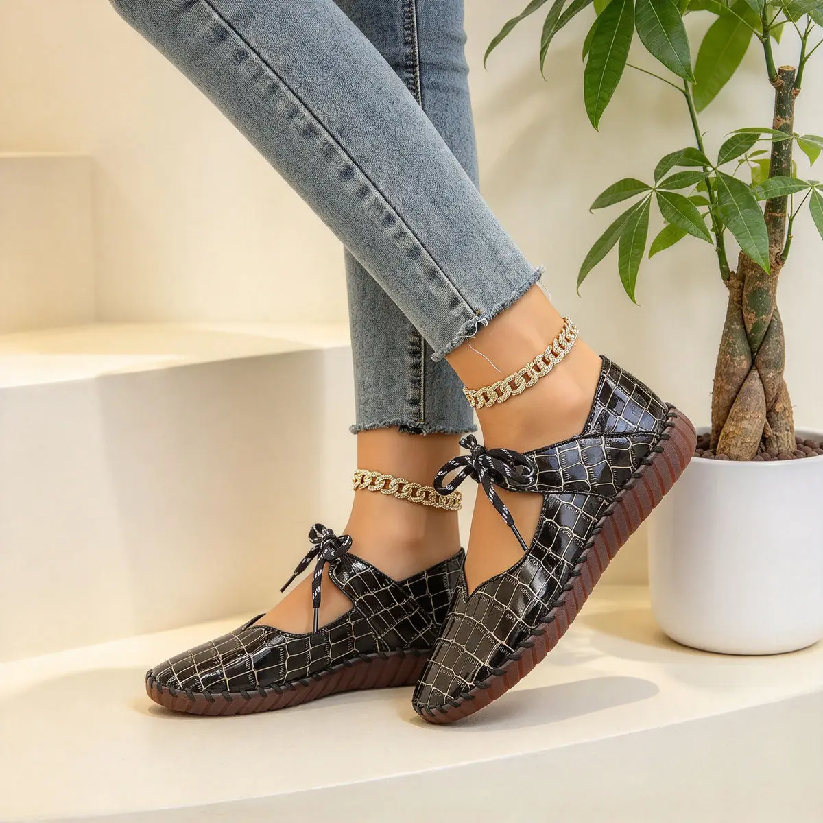 *Retro Stone Pattern Shallow Mouth Casual Women's Shoes New Comfortable Soft Bottom Strap Lightweight Walking Flat Shoes