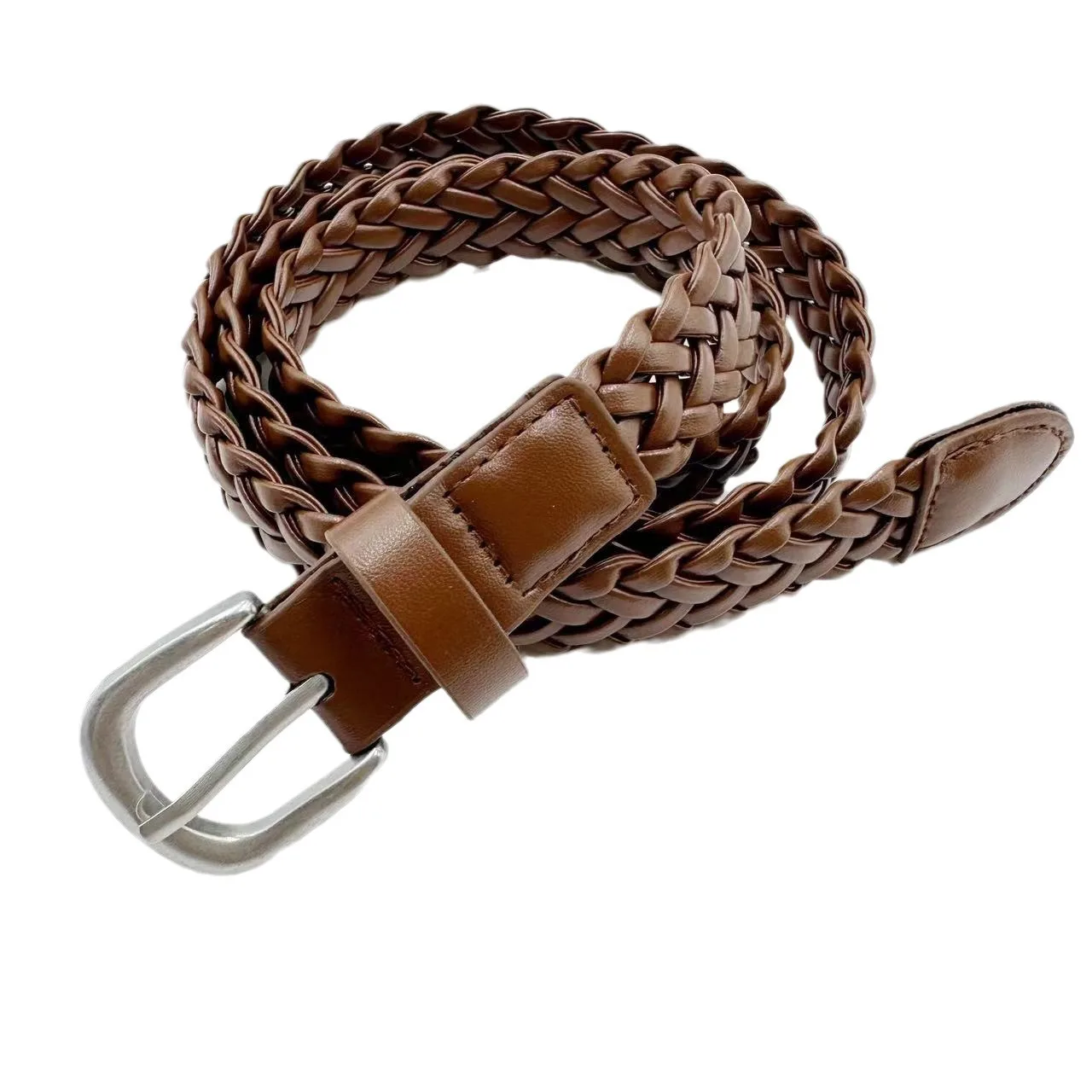 Maikun New Women\'s Coffee Braided Belt Fax Leather All-Match Vintage Pin Buckle Fashion Jeans Belt