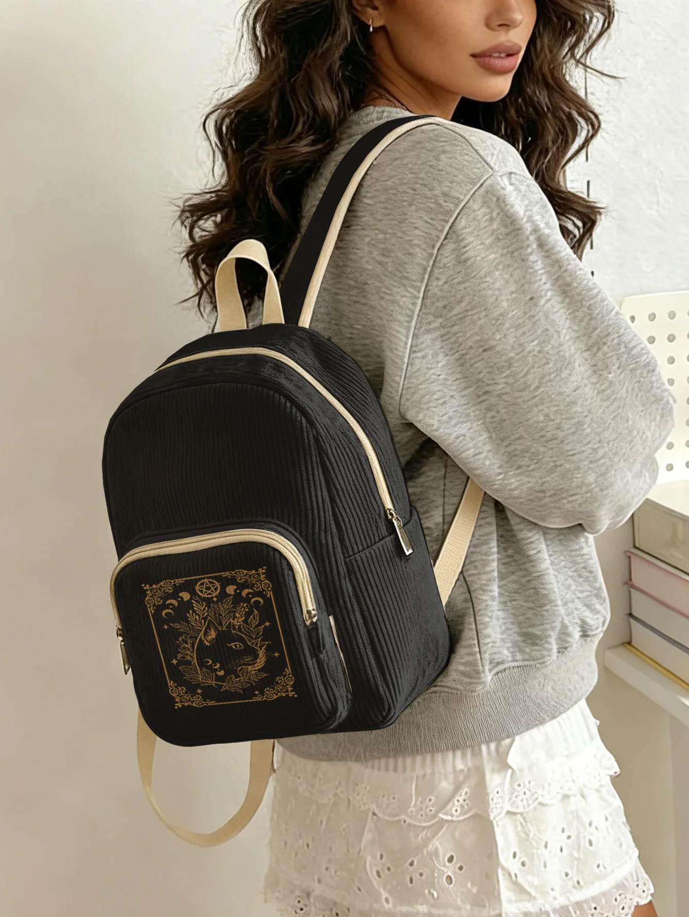 Mystical Witch Cat & Moon Phase Print Women Fashion Backpack Corduroy Multi-pocket Large Capacity Commuter Bag