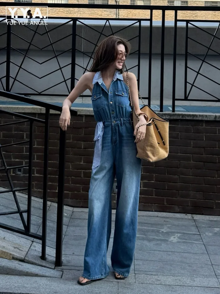 Fashion Women Striped Lapel Collar Sleeveless One Piece Jumpsuit Designer Slim Waist Wide Leg Denim Pants Summer Vintage Rompers