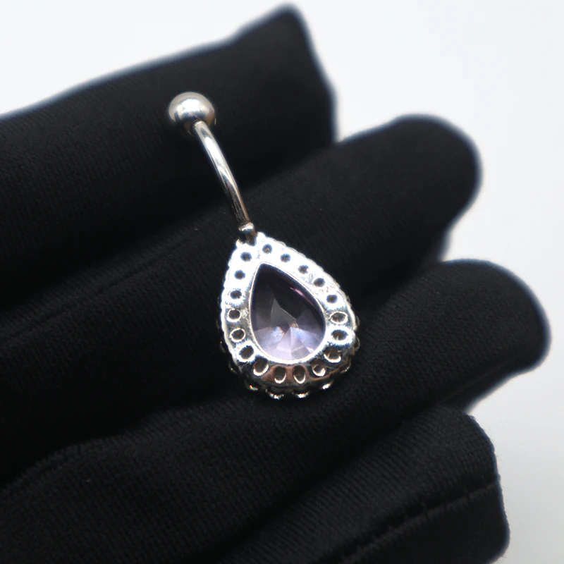 MIQIAO 925 Sterling Silver Water Drop Belly Button Piercing Purple Diamond Zircon Piercing Belly Button Long 14MM Women\'s Gift