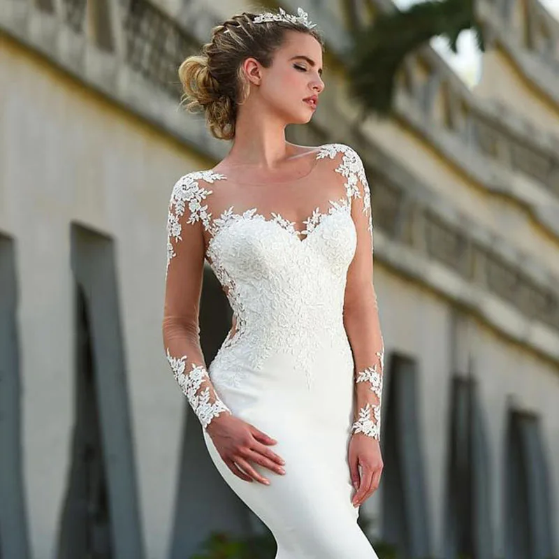 Robe de mariée sirène en Dentelle, col rond, manches longues, fermeture éclair, dos transparent, Satin Vintage, blanc ivoire, 2020