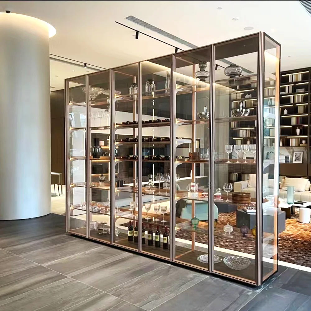 Modern Extendable Living Room Metal Gold Wine Cabinet with LED Lights for Home Bar and Hotel Use