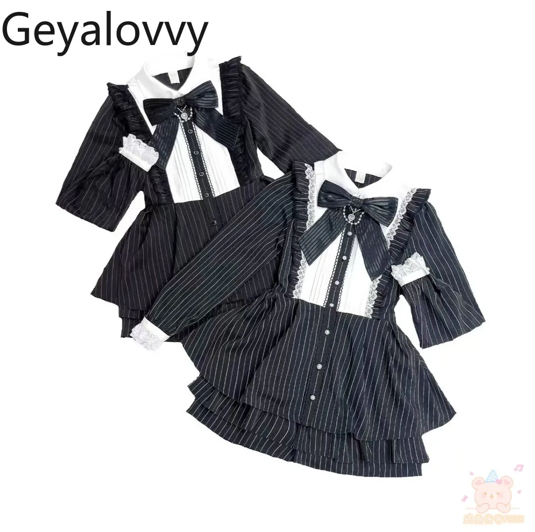 

Japanese Style SC Suit Autumn New Striped Bowknot Mass-Produced Lolita Long Sleeve Slim Dress and Skirt Shorts Two-Piece Set