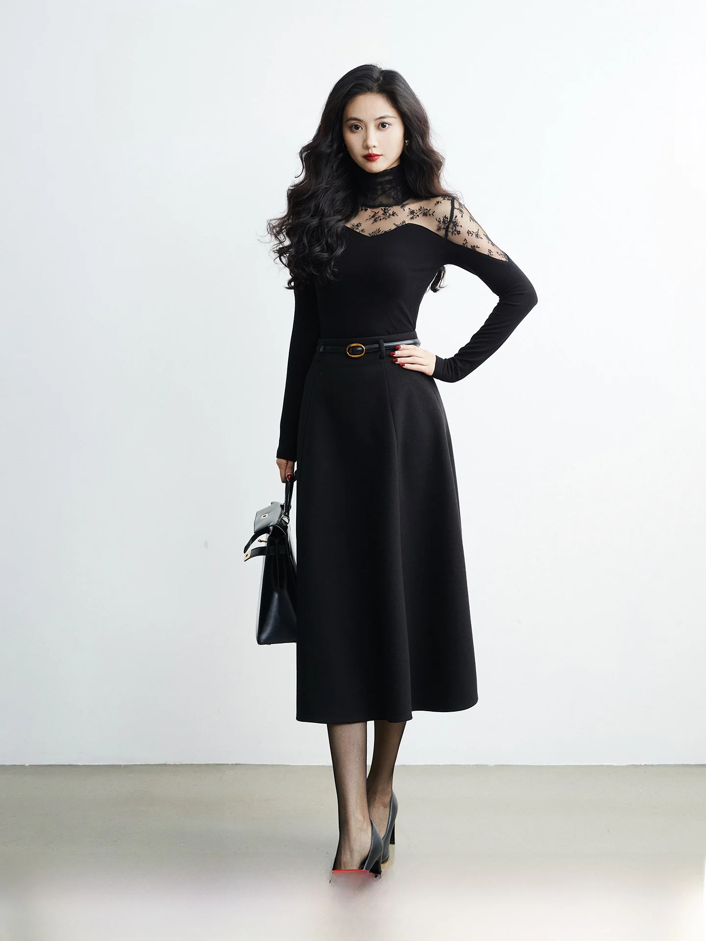 

TAIYANG OFFICE Женская зимняя приталенная футболка с кружевными вставками, длинным рукавом, высоким воротником и пэчворком