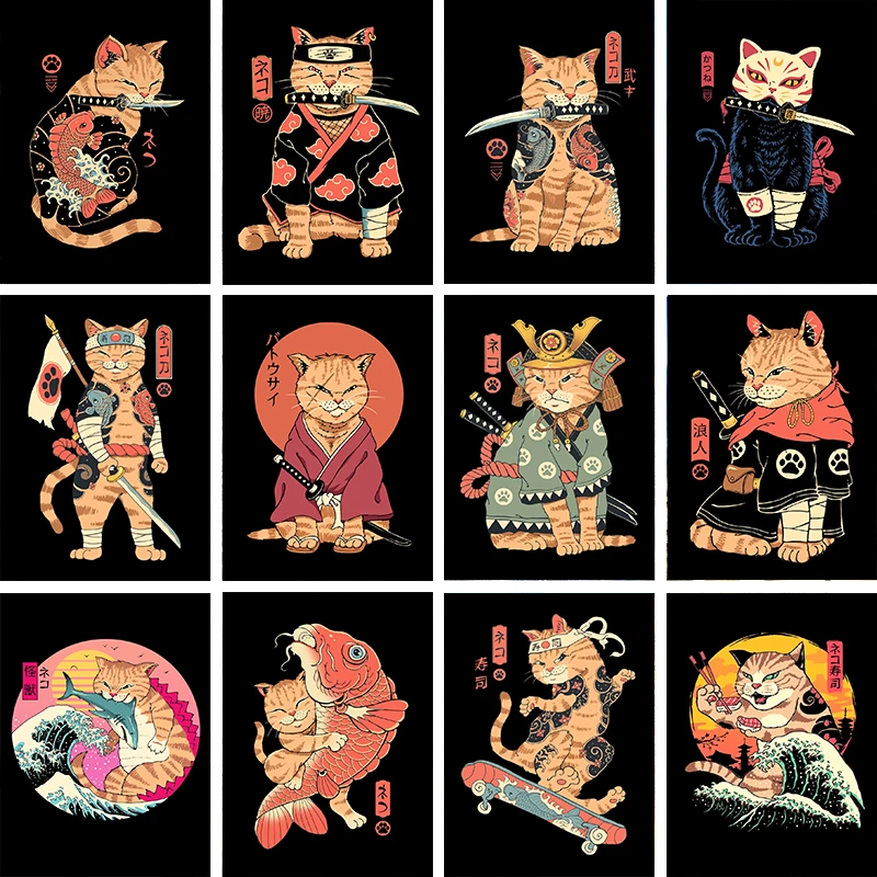 Pop Japón arte ukiyo-e samurái gato negro Cosplay neón Anime figura cartel Ramen lienzo pintura arte de la pared niños Kawaii decoración de la habitación