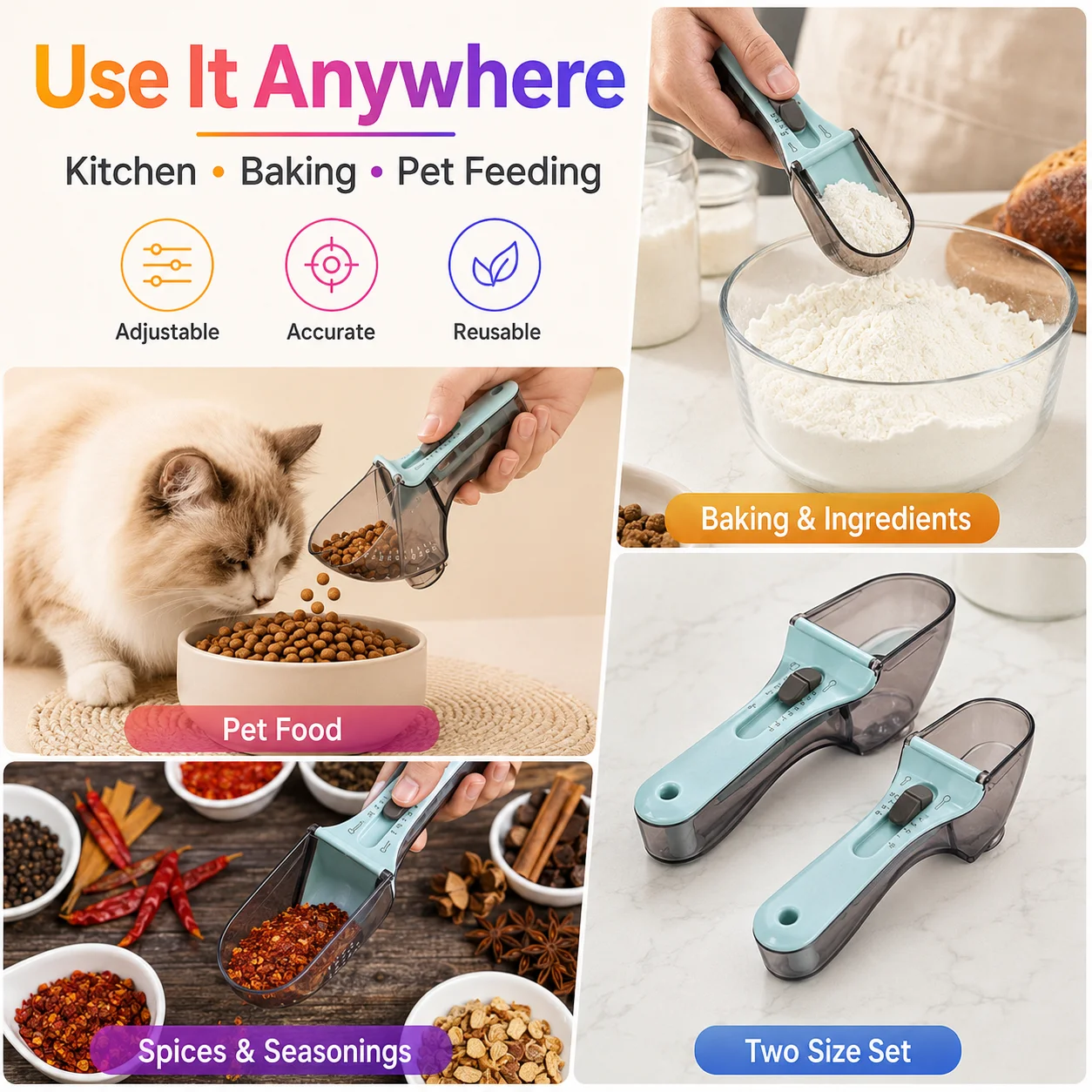 2PCS Adjustable Measuring Scoop Set Small Large Size Clear Scale Pet Food Kitchen Dry Ingredient Portion Control Spoon