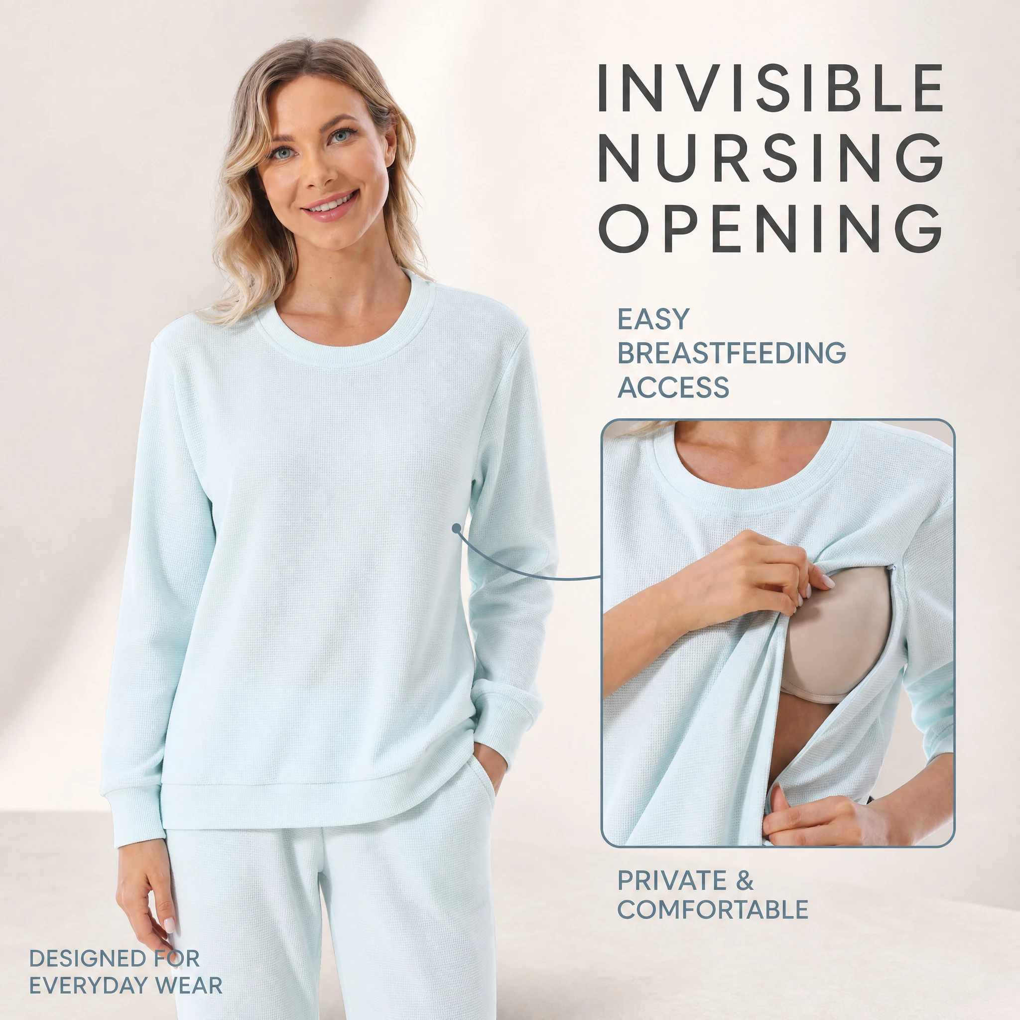 Waffle Knit Maternity Nursing Set Side Zipper Breastfeeding Top + Adjustable Waist Pants Pregnant Women Loungewear Outfit