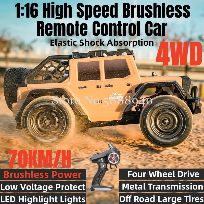 1:16 High Speed Brushless Electric Radio Control Car 2.4G 4WD 70KM/H PVC Car Body Metal Transmission All Terrain Off Road RC Car