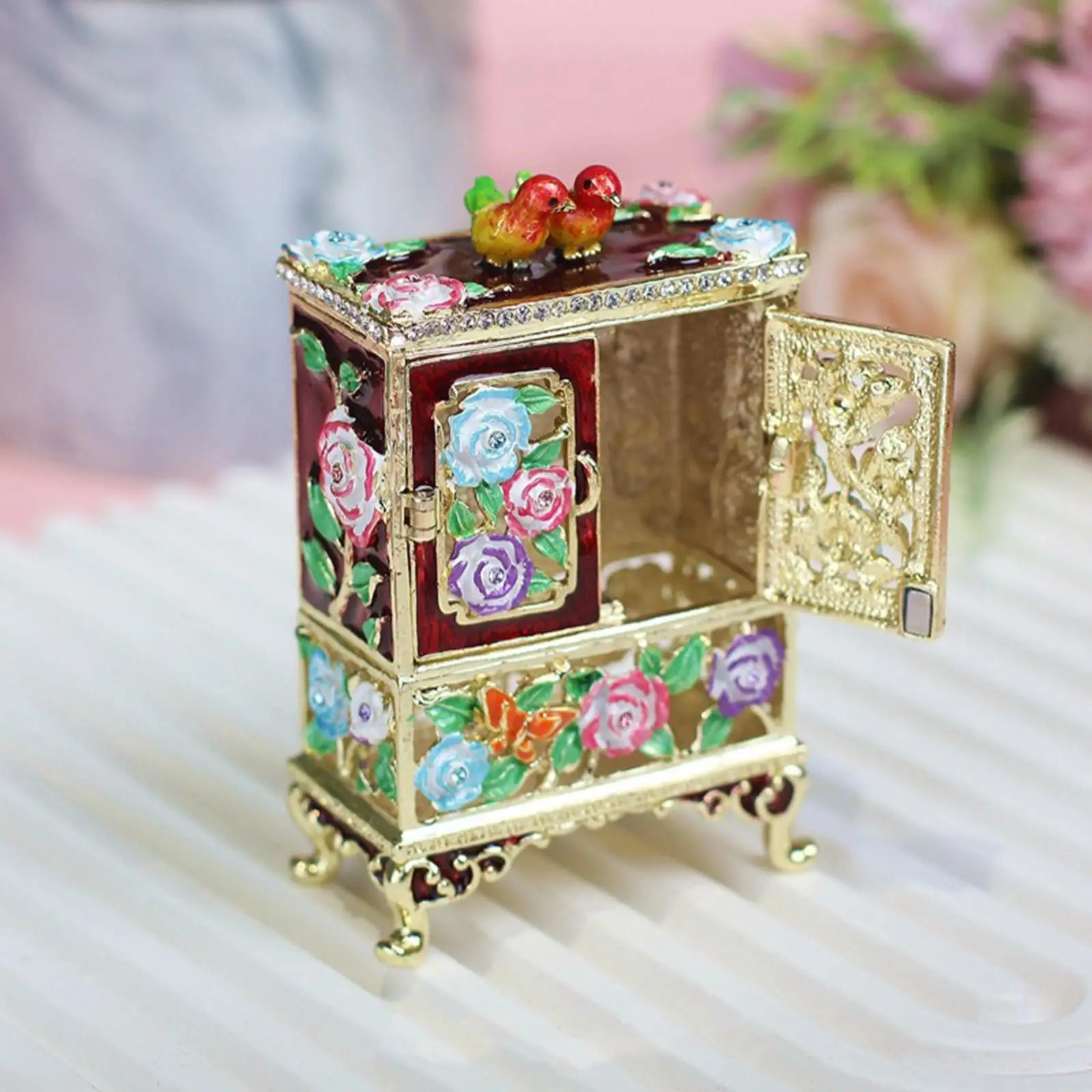 Cabinet Shaped Trinket Box Enameled Jewelry Box Portable Treasure Chest Box Decoration Vintage Style for Necklaces Bracelets