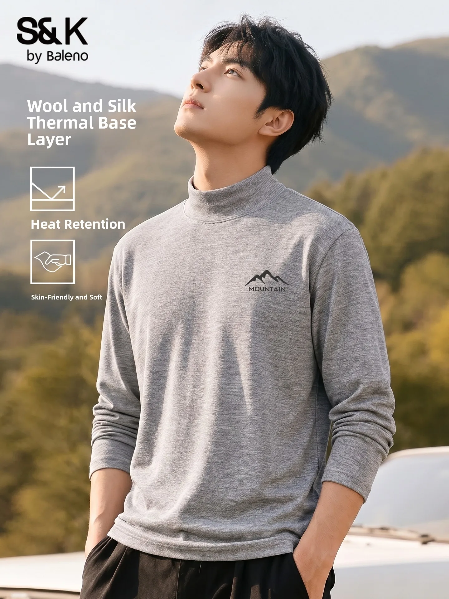 Baleno Men's Long Sleeve Thermal T-Shirt Half High Collar Double Faced Wool Silk Fleece Winter Base Layer Shirt Casual Style