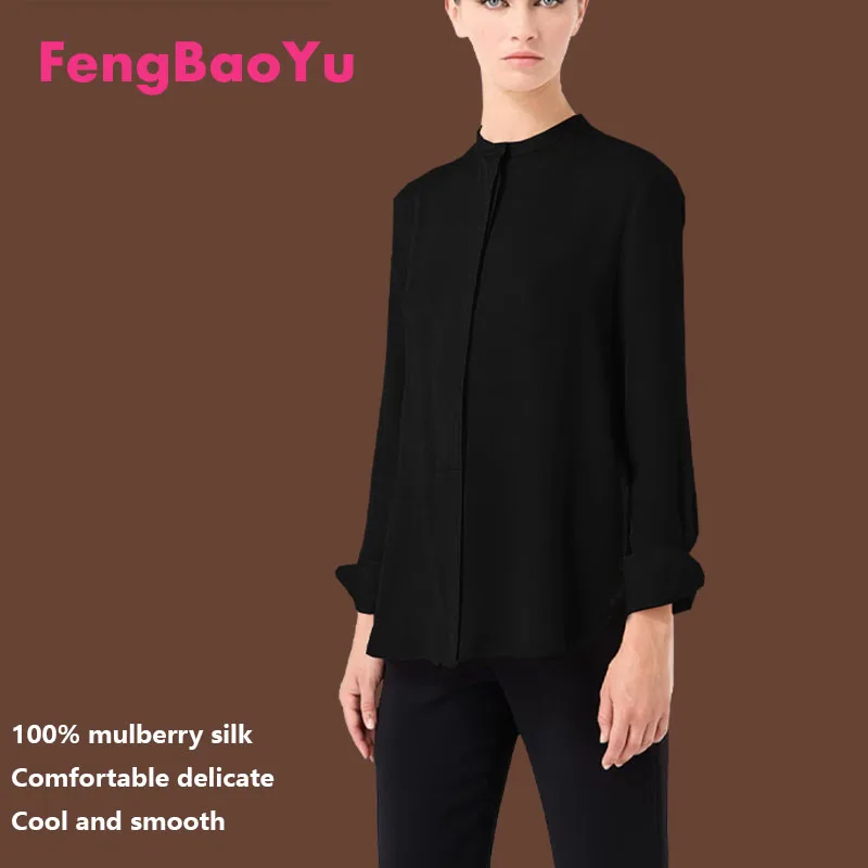 High-end 100% Silk Spring and Summer Women's Long Sleeve Shirt Solid Color Mulberry Silk Round Neck Blouse Elegant Temperament