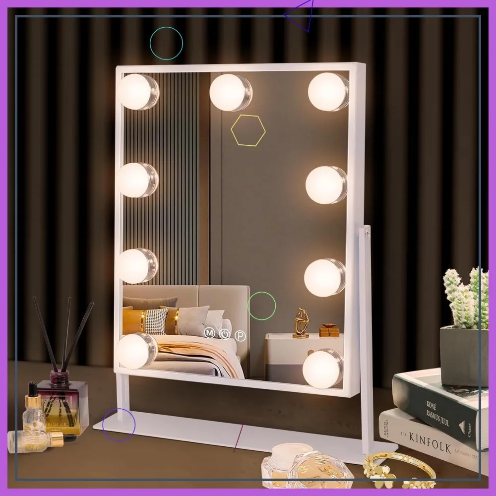 

Lighted Vanity Mirror with 9 LED Bulbs, 360 Rotation, Adjustable Brightness, and Magnifying Mirror for Makeup