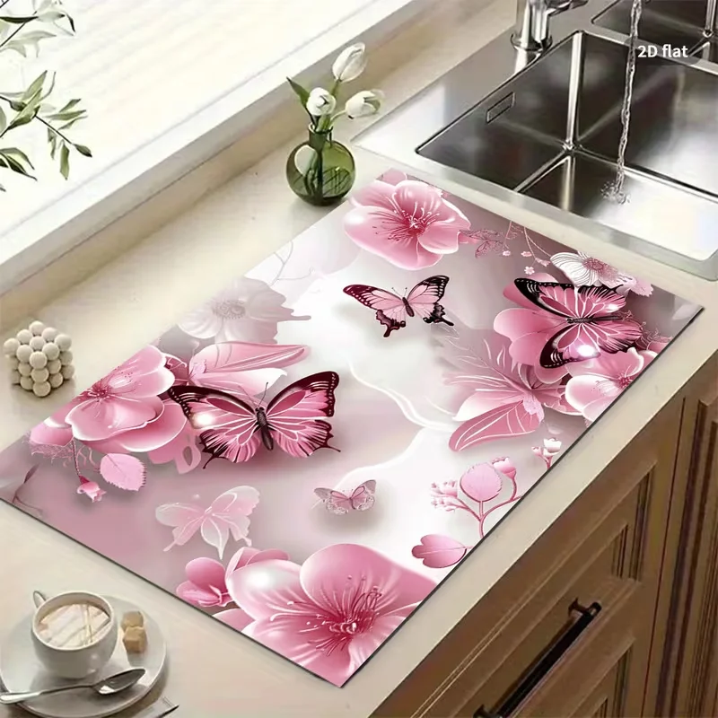 Vintage Watercolor Butterfly Floral Coffee Station Pad Botanical Flower Print Countertop Mat For Kitchen Table Decor