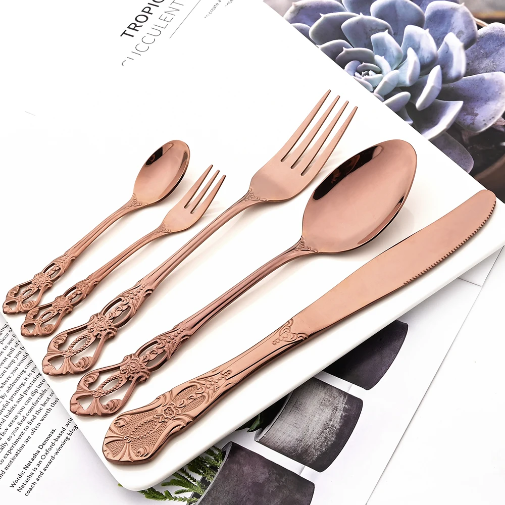 Rose Gold Flatware Set Stainless Steel Dinnerware 6/24Pcs Dinner Knife Fork Spoons Cutlery Kitchen Dinner Complete Tableware Set