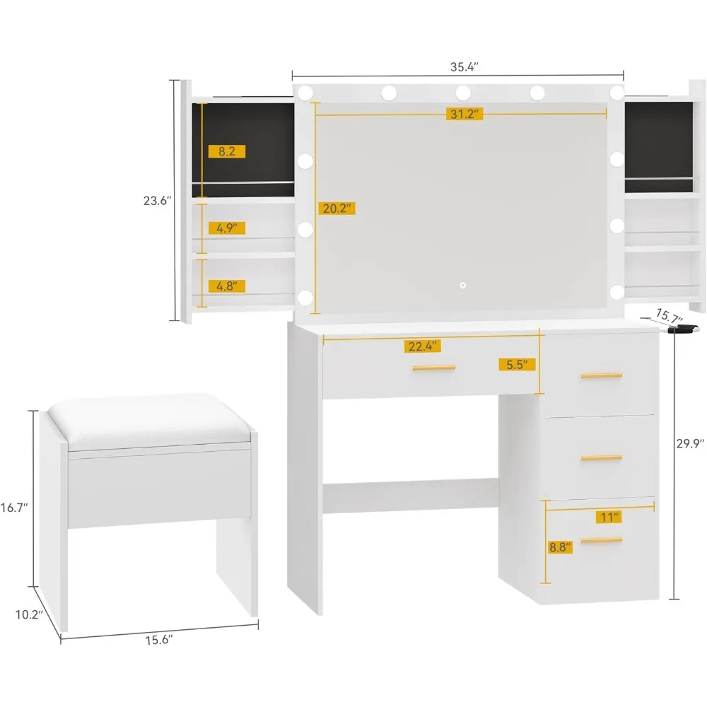 Набор туалетного столика с зеркалом с подсветкой и 4 большими ящиками, туалетный столик для макияжа с удобным табуретом, 3 режима освещения, скрытыми полками