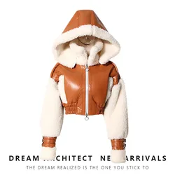 Women Patchwork Lamb Wool Leather Hooded Jacket Winter Thick Warm Crop Coats 2024 Zip Long Sleeve Fleece Outwear 2025 New