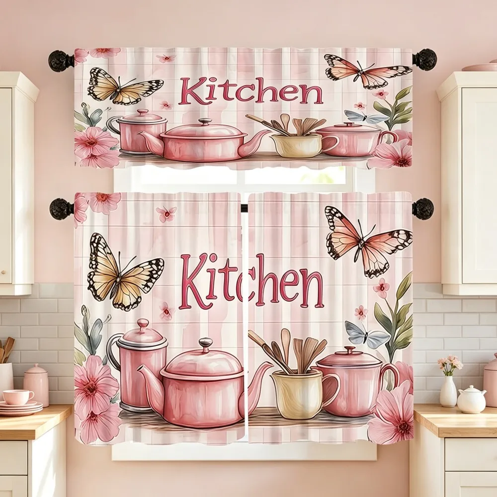 Cartoon Kitchen Curtains, Pink Butterfly Cookware Floral, Digital Print, Kitchen Dining Room, Rod Pocket Polyester, Home Decor