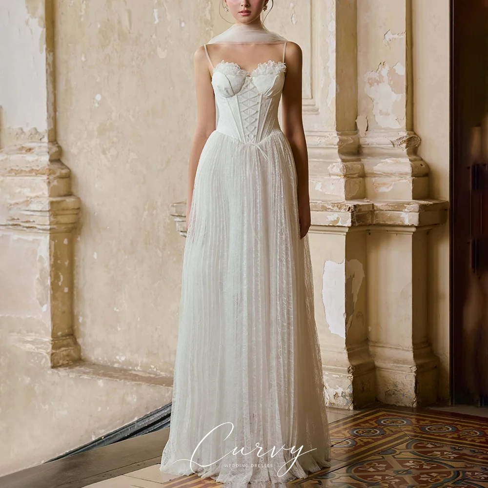 Curvy Elegant A‑Line Wedding Dress Spaghetti Straps Floral Lace Floor‑Length Bridal Gown for Women Vestido de Novia Blanco 2026