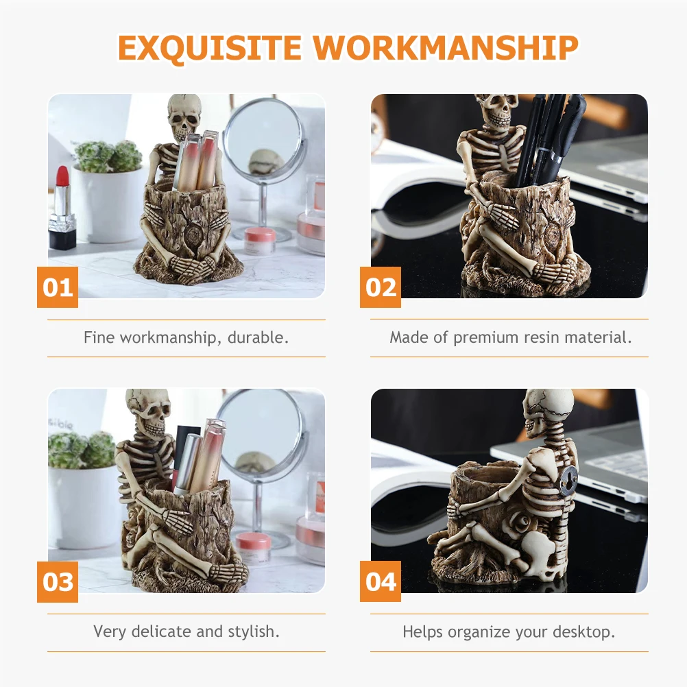 

Skull Pen Holder Desktop Container Black Birdcage Makeup Holding Resin Organizer Accessories