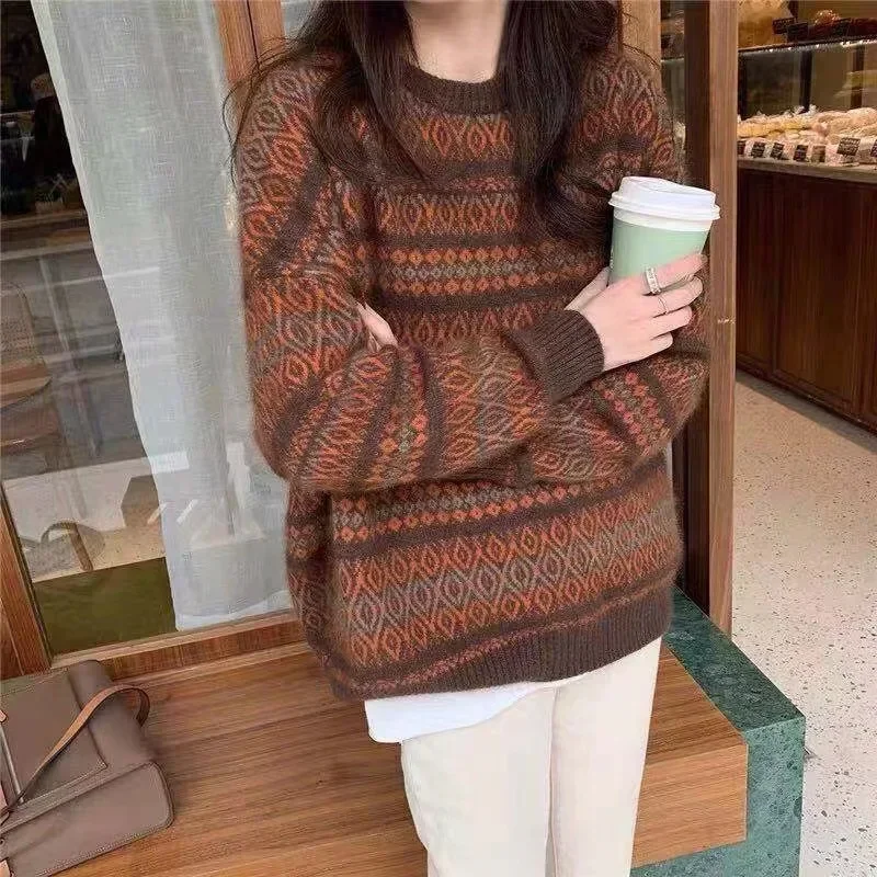 

Horizontal Strip with Jacquard Sweater Women's New Winter Korean Version of Fashion Bright Silk Loose Plus Fat Striped Y2k