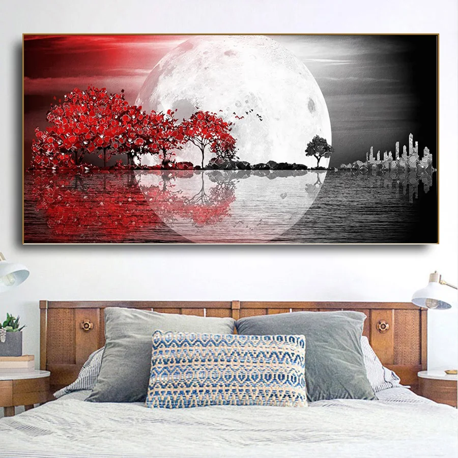 5D DIY Diamond Painting Red Tree big moon Landscape Full Diamond Mosaic Large Reflection, lake scenery Diamond Embroidery decor