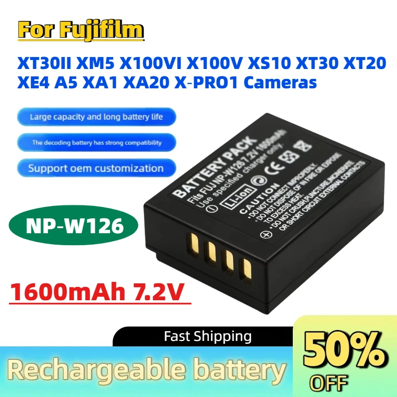 For Fujifilm XT30II XM5 X100VI X100V XS10 XT30 XT20 XE4 A5 XA1 XA20 X‑PRO1 Cameras New 2PCS NP‑W126 1600mAh 7.2V Digital Battery