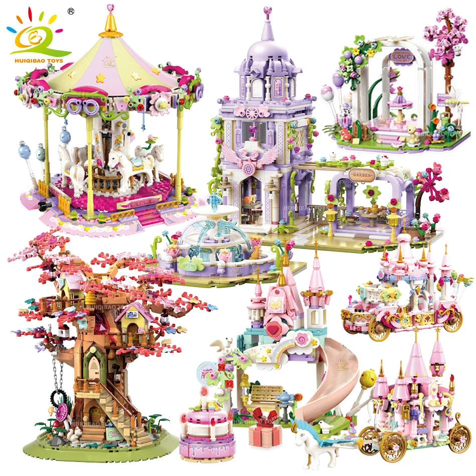 

HUIQIBAO Friends Carousel Tree House Building Blocks Ideas Balloon Float Princess Carriage Bricks Toys For Children Girl Gifts