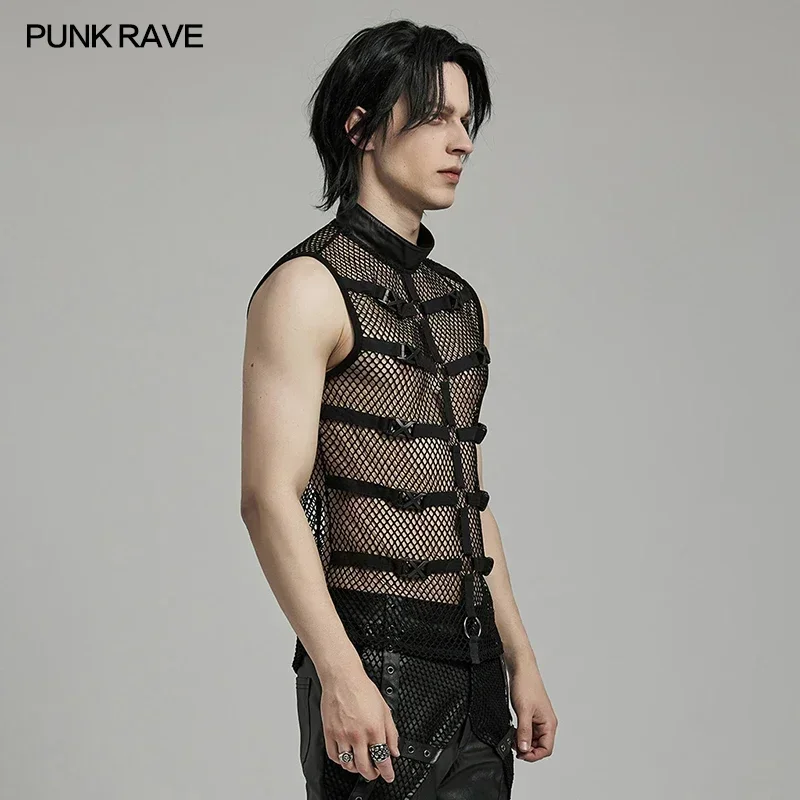 PUNK RAVE Men's Punk Personalized Mesh Tank Top Innovative Style Cool Handsome Tops Sexy Vest Men Clothing Summer