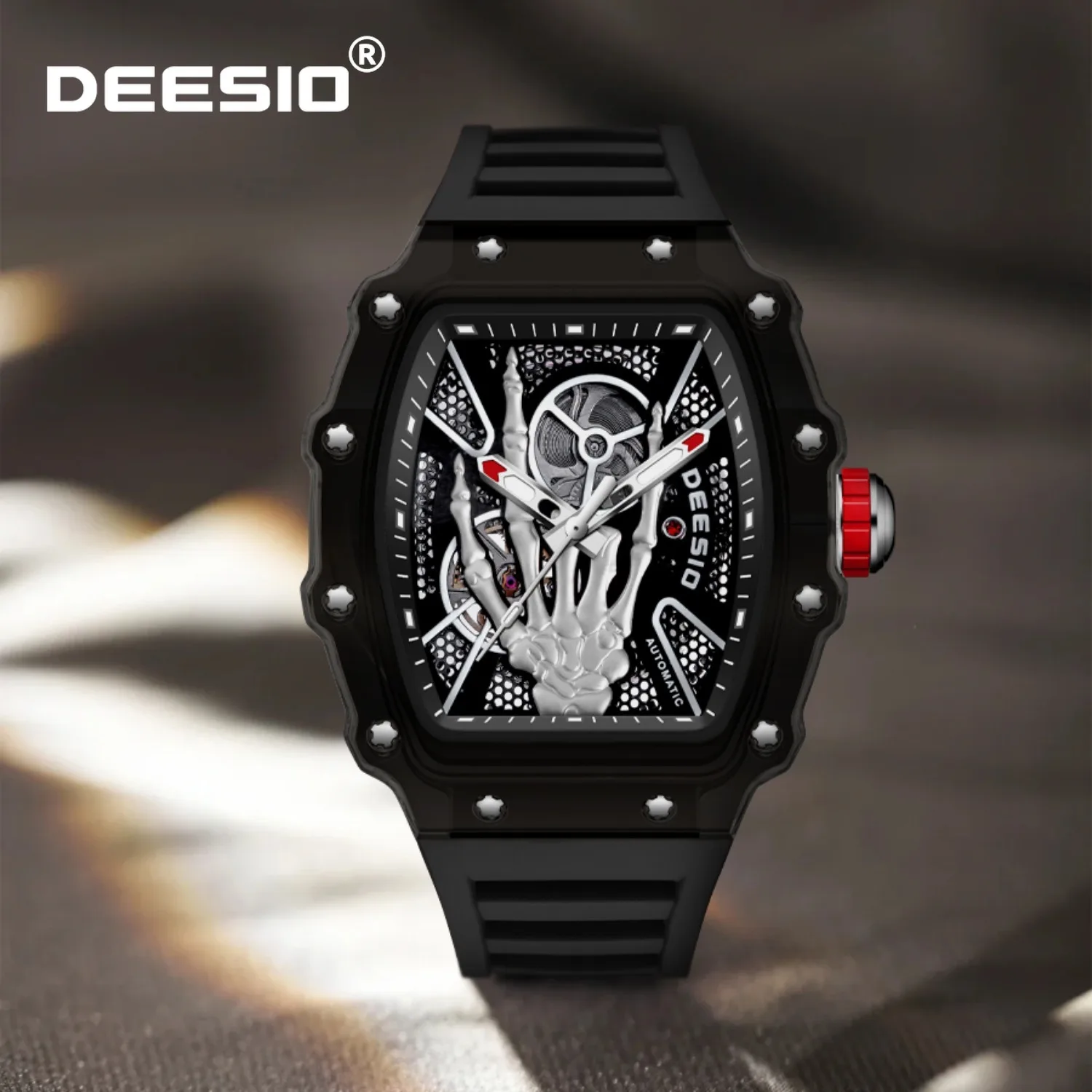 

Deesio автоматические механические часы со скелетом для мужчин, роскошный прозрачный дизайн, водонепроницаемые наручные часы 30 м, мужские часы, уникальный подарок