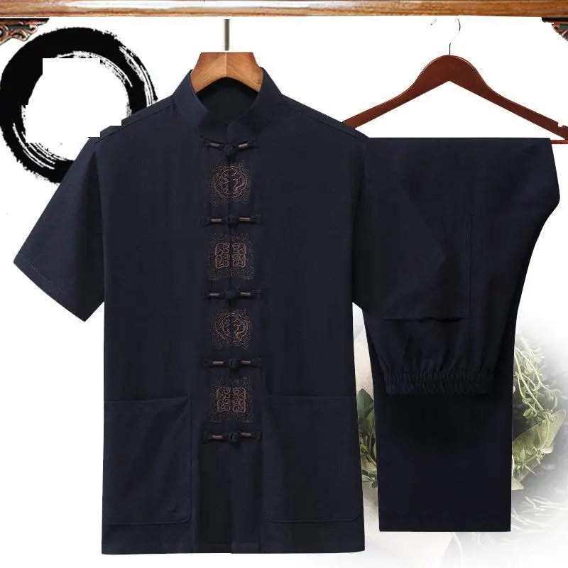 

Summer Men Cotton Linen Embroidery Tai Chi Set Clothing Male Short Sleeve Tang Suit Chinese Traditional Kung Fu Wushu