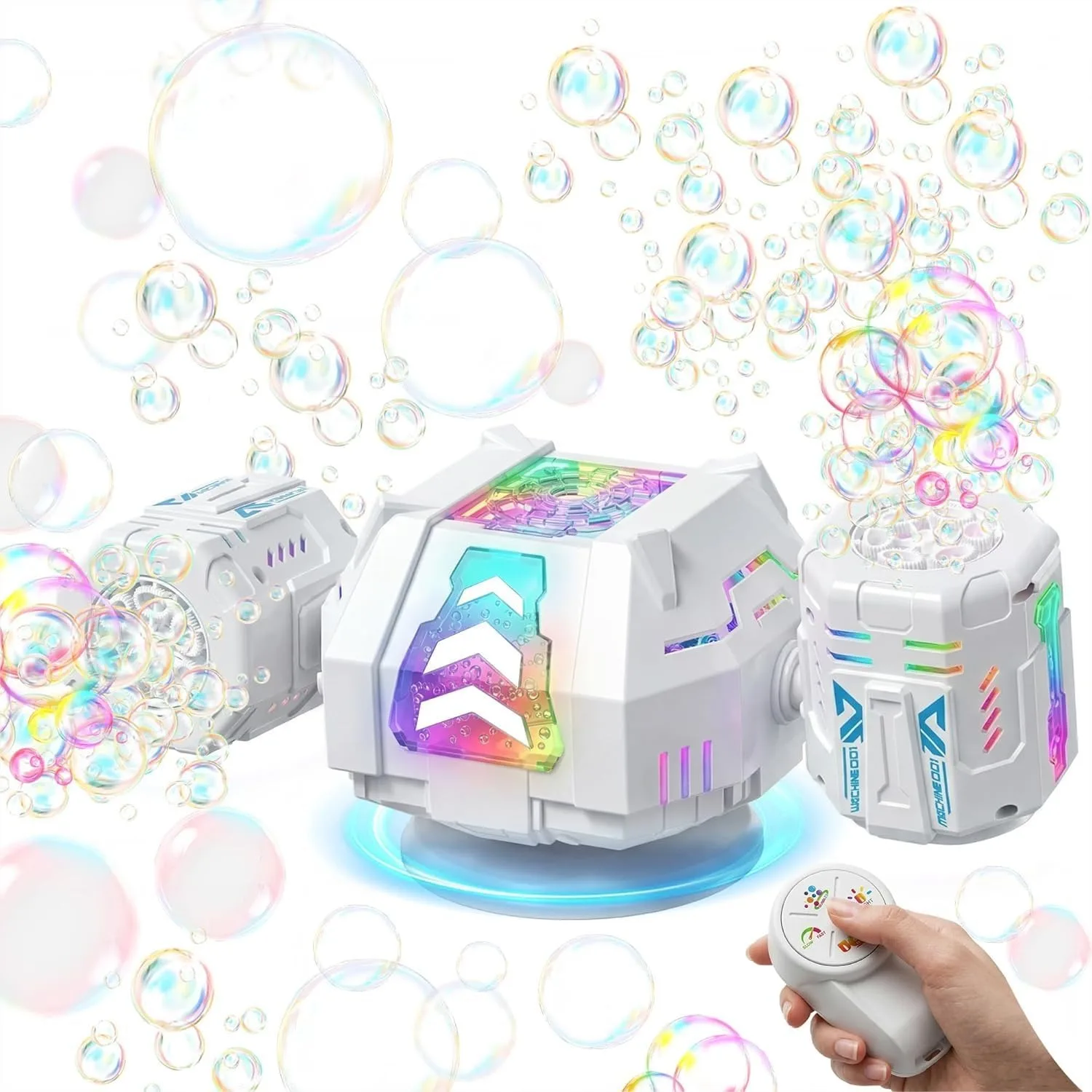 

Rechargeable Dual-Nozzle Bubble Machine with Remote Control, 30000+ Bubbles/Min, RGB Lights, 360° Rotation for Kids Birthday